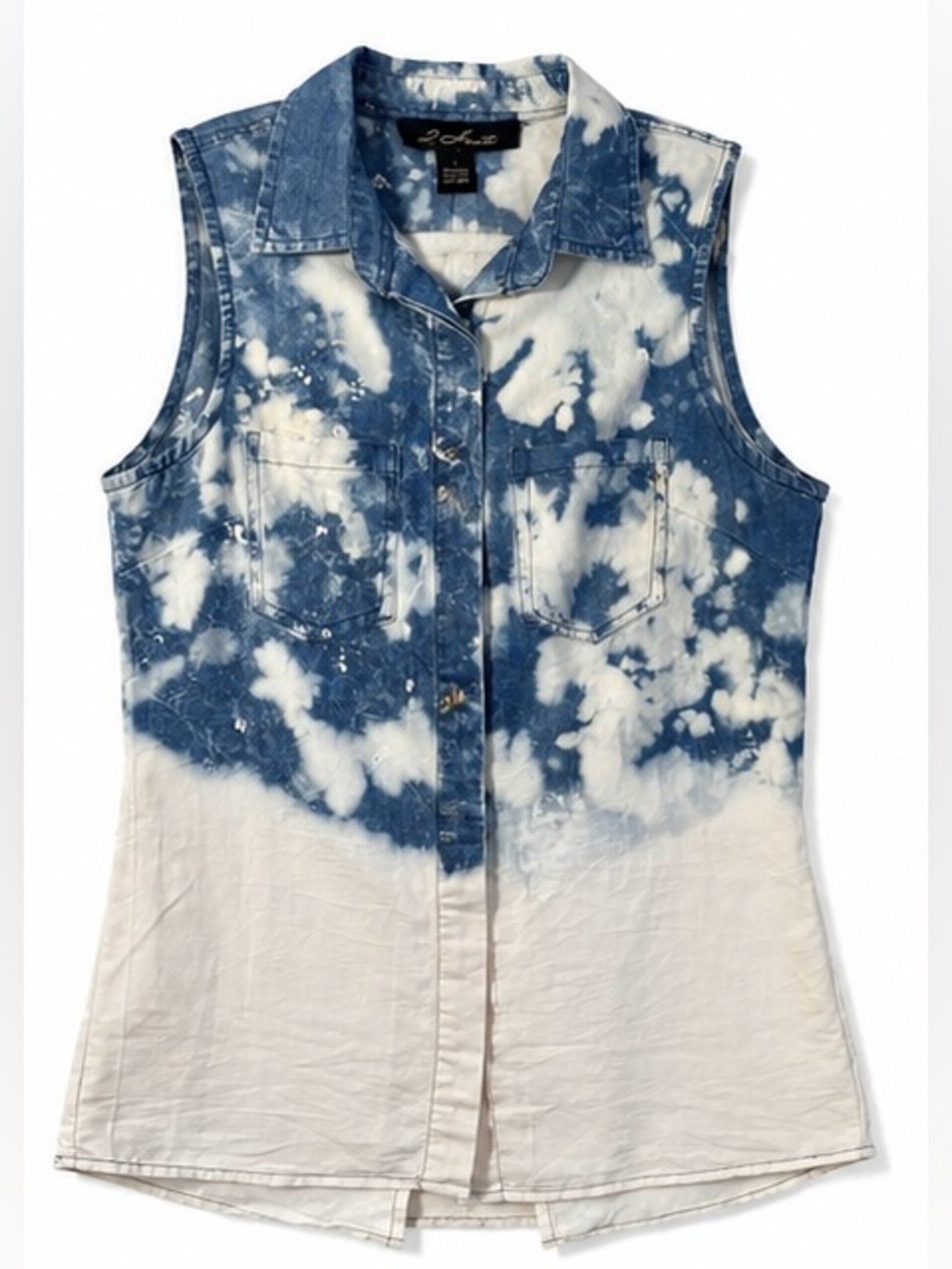 2 Haute Blue Tie Dye Sleeveless Button Down Shirt | Size L | Boho Coastal Beach - Picture 6 of 10
